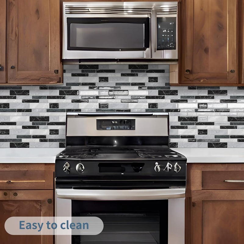 DEWOO Kitchen Backsplash Self Adhesive Wall 3D Marble Tiles Peel and Stick Bathroom, Black Mosaic (10-Sheet, 12"×12") - Image 3